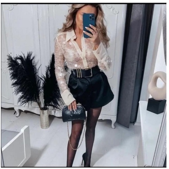 Zara Sequin Button Down semi sheer Cream Shirt Top sz.XS - Picture 8 of 16